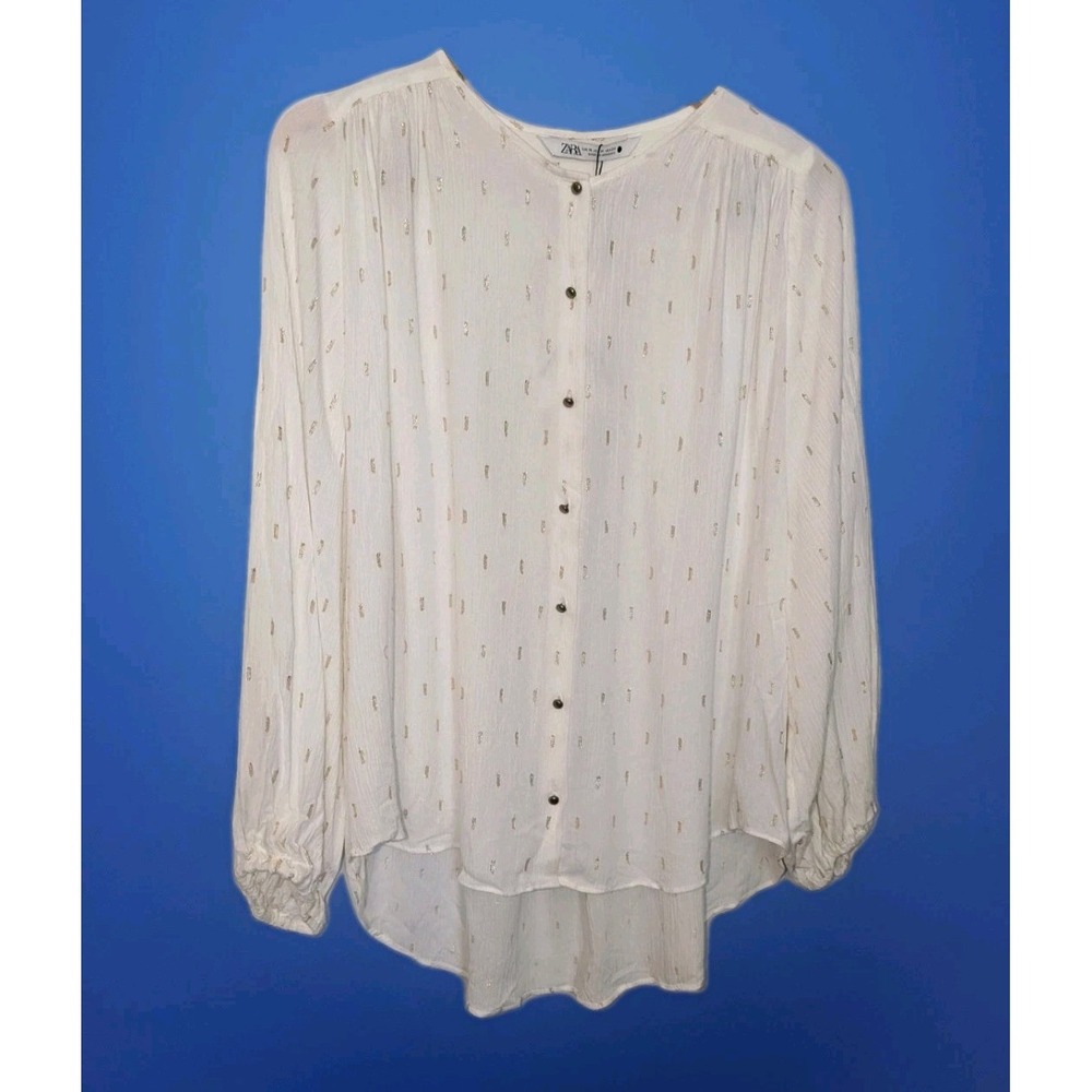 NWT Zara Metallic Gold Dot Fil Coupé Blouse Size M Button-front Cream